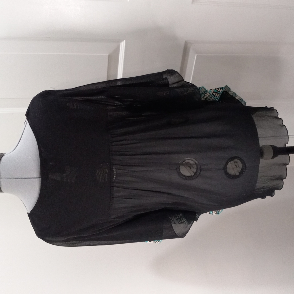 Inc Black & Teal Embroidered Sheer Tunic Sz Large - Picture 4 of 4
